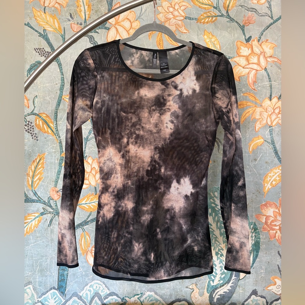 Bisou Bisou Black & Cream Tie-Dye Mesh Long Sleeve Top Size S
